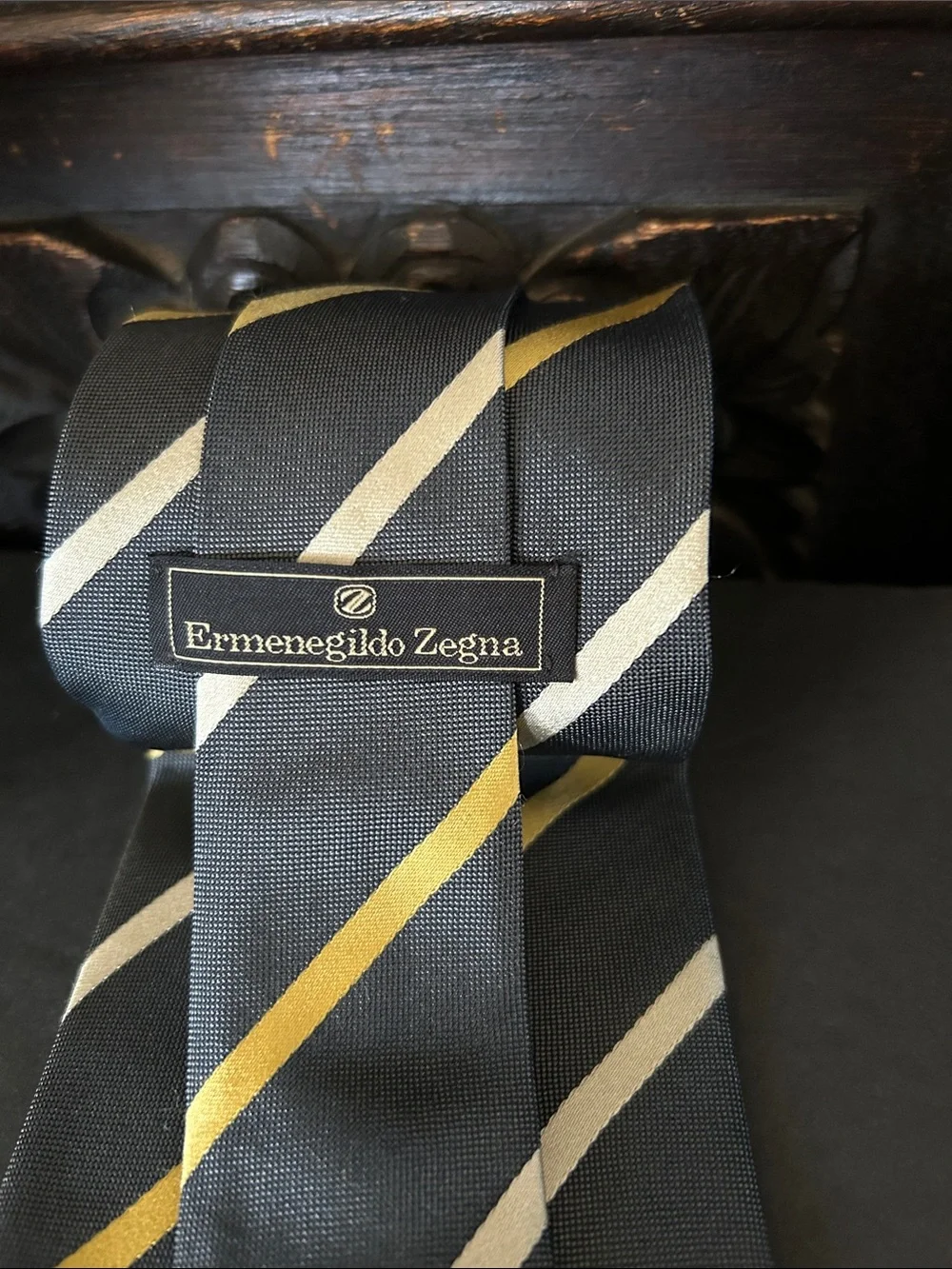 Ermenegildo Zegna Black Tie with Yellow and Cream Stripes